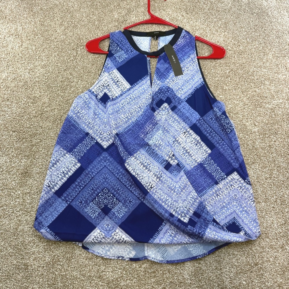ANDB Womens Blue Geometric Patchwork Draped Keyhole Sleeveless Top S NEW Career